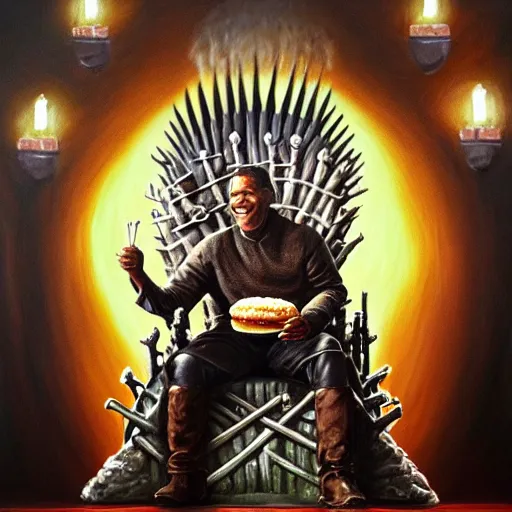 Prompt: intricate oil painting of barrack obama eating a cheese burger sitting on the iron throne, surrounded by his dragons, concept art, intricate, highly detailed, omnious atmosphere, trending on artstation