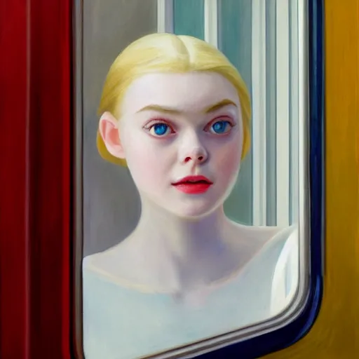 Image similar to Painting of Elle Fanning in a train, long blonde hair, delicate, pale milky white porcelain skin, by Edward Hopper. 8K. Extremely detailed.