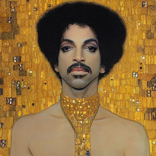 Prompt: a gold painting of Prince in the style ok Klimt. Lots of gold foil. So much gold. Gold color scheme.