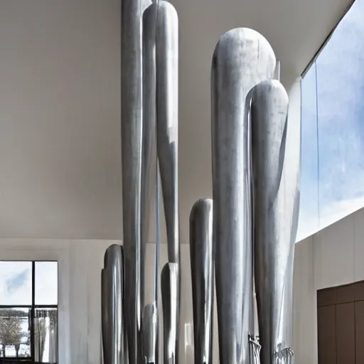 Prompt: giant Italian modern castle living room, clean minimalist design, that is 1300 feet tall, a series of modern stainless steel organic shaped modern sculptures with mirror finish, photo by Annie Leibovitz