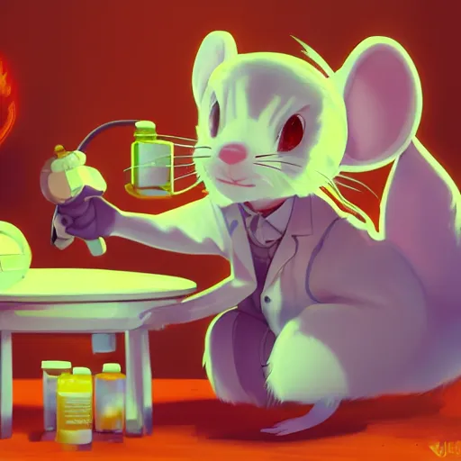 Image similar to anthropomorphic mouse furry girl in the lab coat catsing fireball, pixar style, concept art, character turnaround, trending on artstation, childrens illustrated storybook, by jay naylor, alphonse mucha and cory loftis and matthias lechner