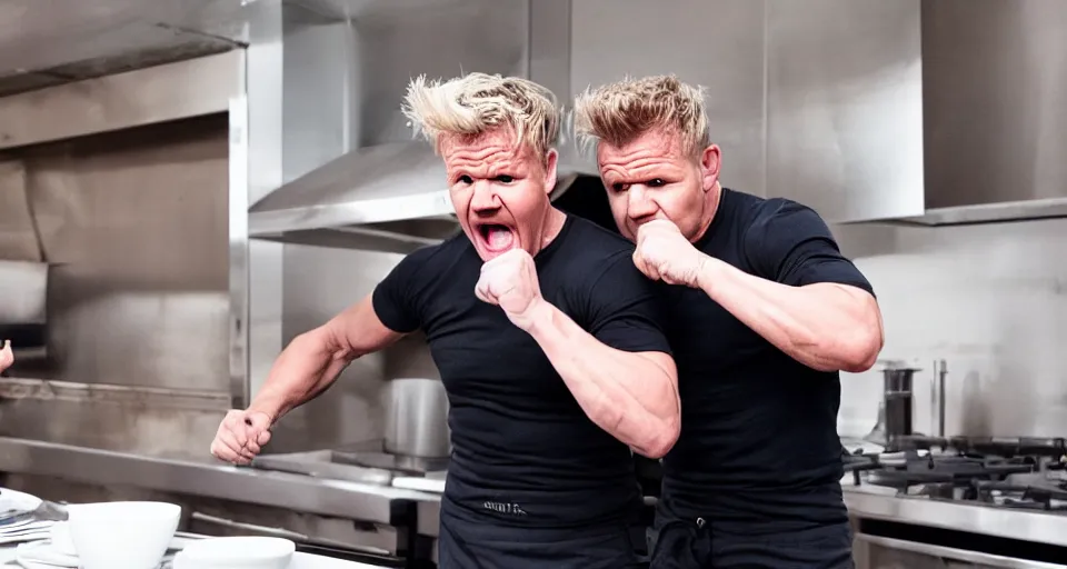 Image similar to photo of angry furious Gordon Ramsay punching Gordon Ramsay at the kitchen