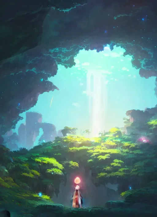 Image similar to a cave where can see a super nice garden, neon circular light round it, illustration concept art anime key visual trending pixiv fanbox by wlop and greg rutkowski and makoto shinkai and studio ghibli