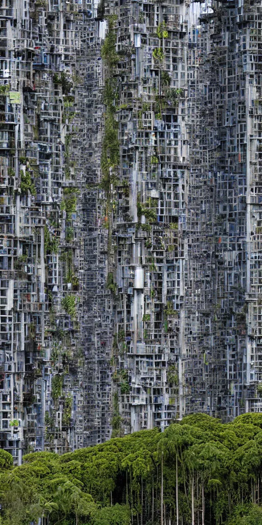 Prompt: a high contrast elevational photo by Andreas Gursky of tall and staggered futuristic mixed-use towers emerging out of the ground. The rusty industrial towers are made of metal scaffolding and multicolored tarps. The mossy towers are covered with trees and ferns growing from scaffolding, floors, and balconies. The towers are bundled very close together and stand straight and tall. The towers have 100 floors with deep balconies and hanging plants. Cinematic composition, volumetric lighting, foggy morning light, architectural photography, 8k, megascans, vray.