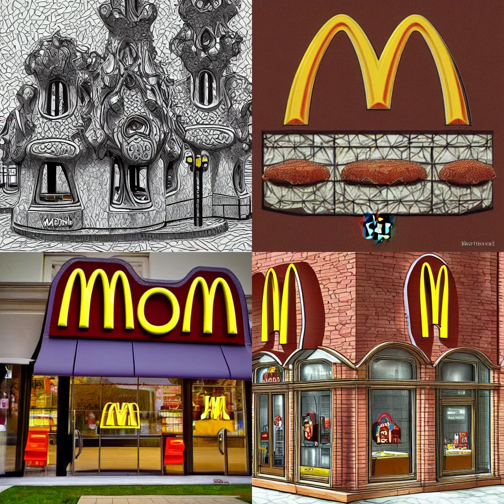 Prompt: McDonalds designed by Antoni Gaudi, digital art, highly detailed