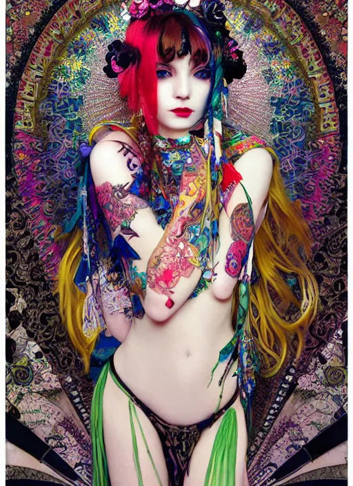 Prompt: cute punk goth fashion hippy fractal tattooed Carnival girl wearing kimono posing by Zhang Jingna, psychedelic poster art of by Victor Moscoso Rick Griffin Alphonse Mucha Gustav Klimt Ayami Kojima Amano Charlie Bowater, masterpiece