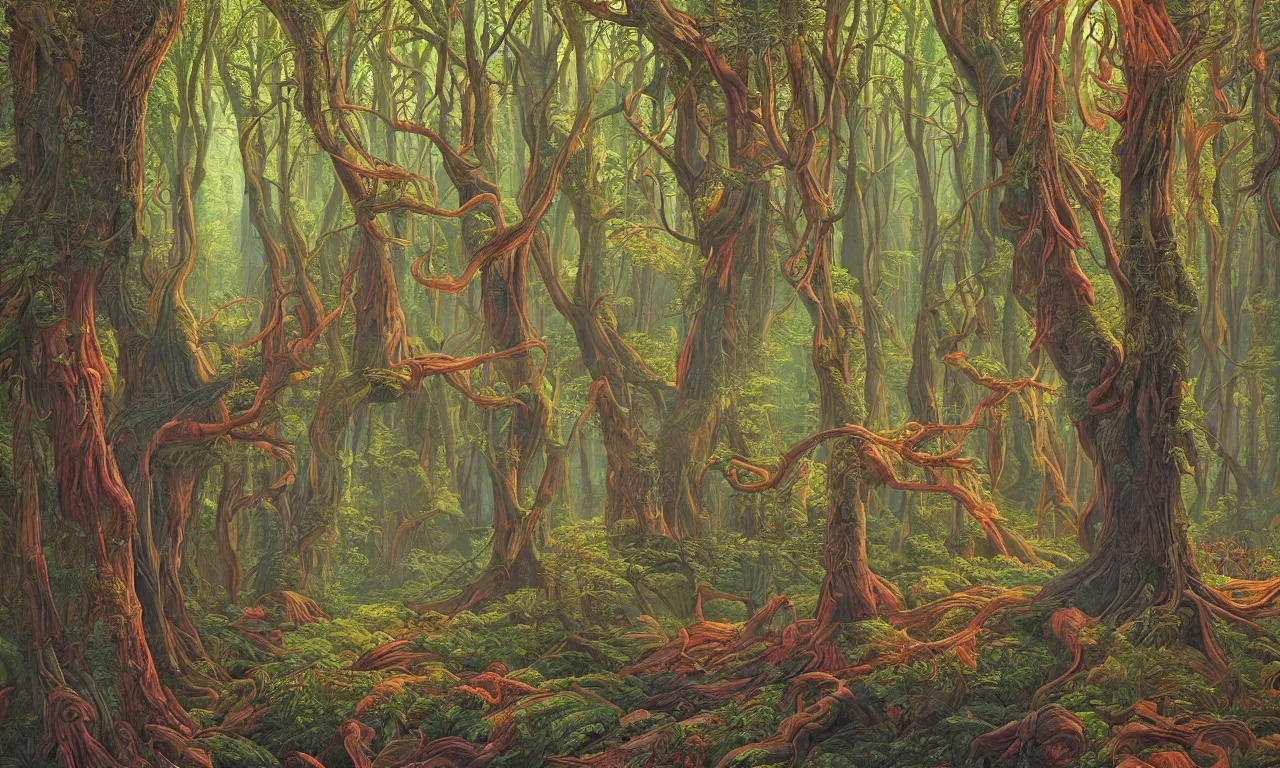 Image similar to mystical forest, illustration painting, oil on canvas, intricate, hd, digital art, overdetailed art, complementing colors, detailed, illustration painting by alex gray, digital art, moebius