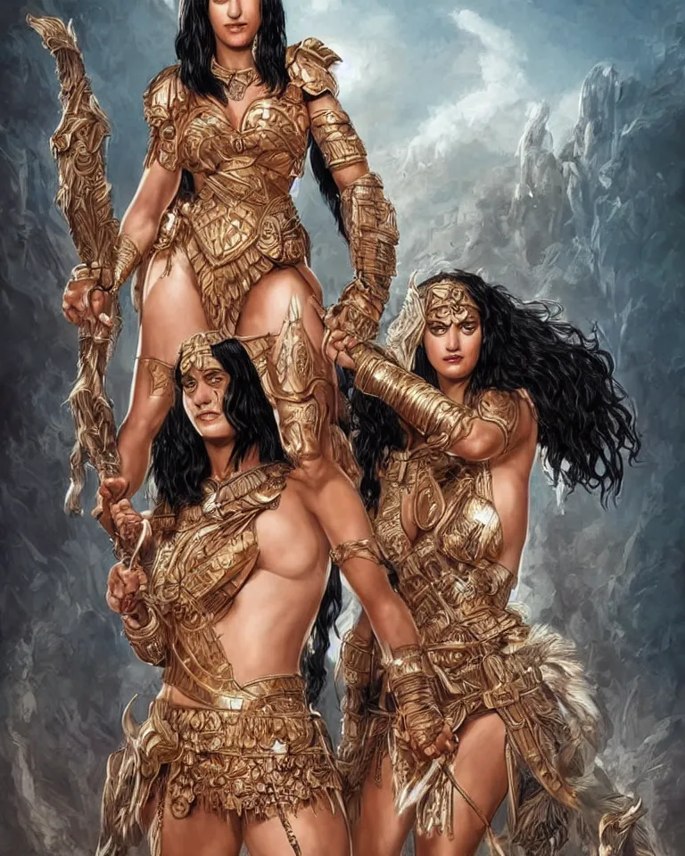 Image similar to katy perry as an amazon warrior, a tall beautiful woman with brown skin and long hair, dressed in hellenistic body armor, intricate, elegant, highly detailed, smooth, sharp focus, detailed face, art by ardian syaf