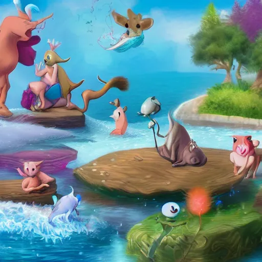 Image similar to Magical animals having a swin party, cartoon, trending on artstation