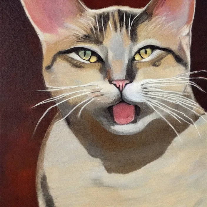 Image similar to a beautiful oil portrait of the cat buddha, smiling serenely