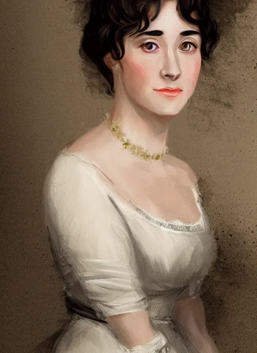 Image similar to a photograpic portrait of elizabeth bennet, pride and prejudice, with kind face, dark hair, georgian dress, intricate, elegant, highly detailed, digital painting, concept art, smooth, sharp focus, illustration,