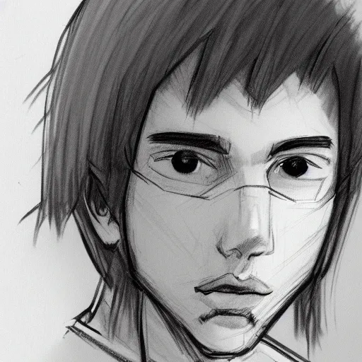 Image similar to sketch of a teenage boy with very short side part hair smiling trending on artstation