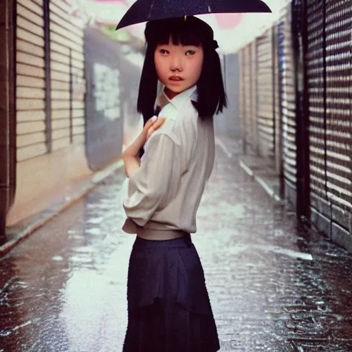 Image similar to 1990s perfect 8K HD professional cinematic photo of close-up japanese schoolgirl posing in sci-fi dystopian alleyway at morning during rain, at instagram, Behance, Adobe Lightroom, with instagram filters, depth of field, taken with polaroid kodak portra