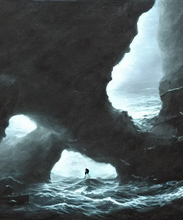 Image similar to photorealistic painting of a 1 9 2 5 seiner sailing near a short tropical cliff with the mouth of a sea cave at the waterline, dark, brooding, atmospheric, lovecraft, horror, smooth, epic, highly detailed, cinematic, by lee gibbons