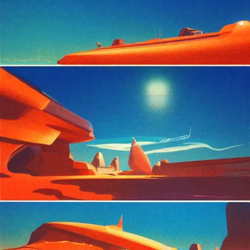 Image similar to golden shores of a blue dreamy ocean, sci - fi, daylight, blue sky, cinematic lighting, cinematic perspective, syd mead, john harris