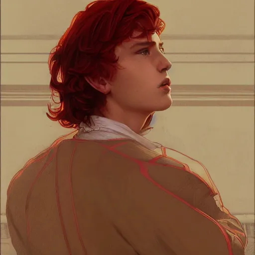 Prompt: teen boy, red hair, intricate, elegant, portrait, highly detailed, digital painting, artstation, concept art, smooth, sharp focus, illustration, art by artgerm and greg rutkowski and alphonse mucha