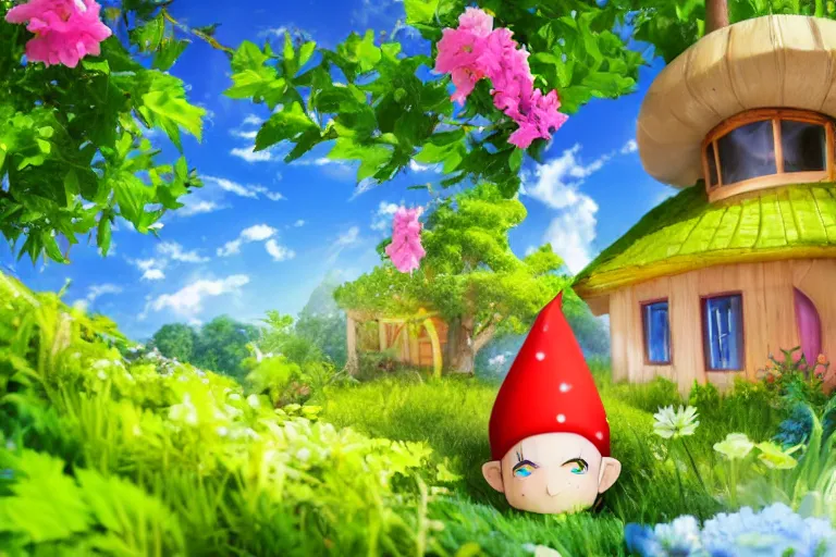 Image similar to anime gnome, mushroom house, under lush green plants and flowers, hyper realism, macro shot, blue sky, sunny, bright colors,