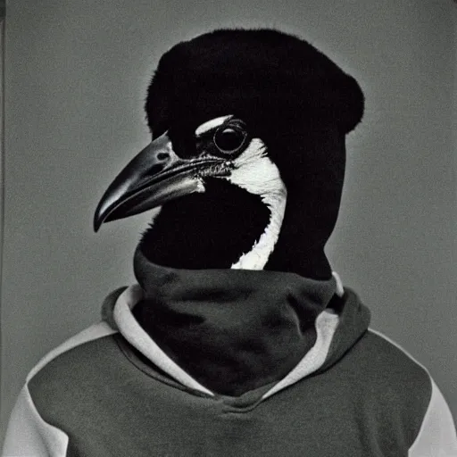 Prompt: close-up shot of a magpie wearing hoodie in 90s, Polaroid photo, by Warhol