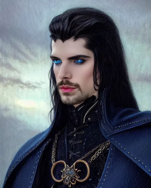 Prompt: handsome male 3 / 4 view, long black hair blue eyes wearing leather mantle gothic navy cloak with leather details, cliffside town, fantasy character portrait, ultrarealistic, intricate details, elegant, cinematic lighting, highly detailed, artstation, d & d art, cgsociety, sharp focus, beautiful digital painting by artgerm, gerald brom, wlop, alphonse mucha