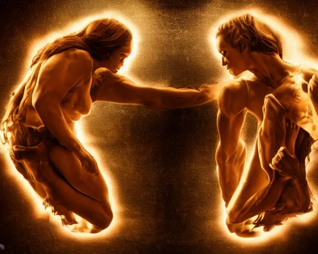 Image similar to devil and angel facing each other in mirrored pose, dramatic lighting, 8 k, high quality, hyper realistic, 3 5 mm photography, masterpiece