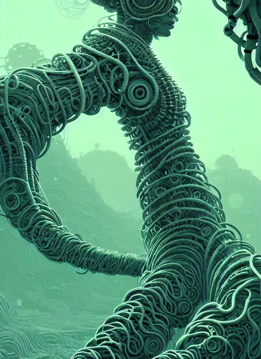 Image similar to highly detailed portrait of a biopunk long curly white hair tribal lady, stray wiring by atey ghailan, james gilleard, by joe fenton, by greg rutkowski, by greg tocchini, by kaethe butcher, 4 k resolution, gradient green, black and white color scheme!!! ( ( irradiated robotic spiral rocky landscape background ) )