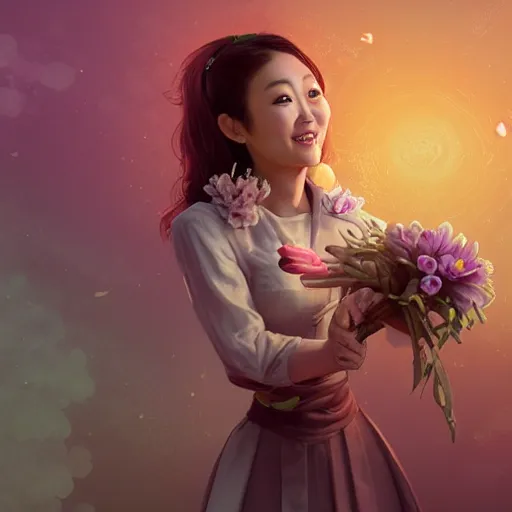 Prompt: portrait of hong jin - young, smiling with flowers in hands. sharp focus, cinematic pose, cinematic lighting, unreal engine render. art by josan gonzales and moebius and deathburger.