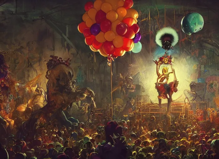 Prompt: wild underground carnival scene from a 7 0's movie by chris cunningham, kenneth anger and alejandro jodorowsky : : clowns, courtesans, animals : : ultra realistic, concept art, highly detailed by greg rutkowski, craig mullins, simon bisley 4 k