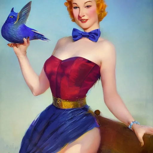 Prompt: an indigo bunting, wearing a crown and bowtie, by greg rutkowski, rossdraws, gil elvgren, enoch bolles, anime, very coherent