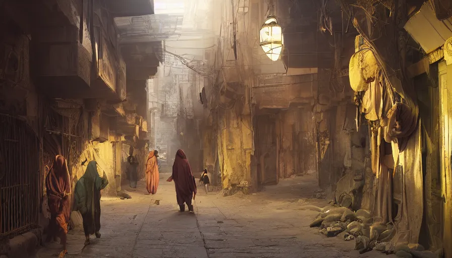 Image similar to old jeddah city alley, roshan, shops, a big magical glowing time portal, a nomad wearing a worn out coat, plants, kids, dramatic lighting fantasy, sci fi, by caspar david friedrich by beeple and james gilleard and justin gerard, centered, artstation, smooth, sharp focus, photoreal octane render, 3 d, by jean baptiste monge