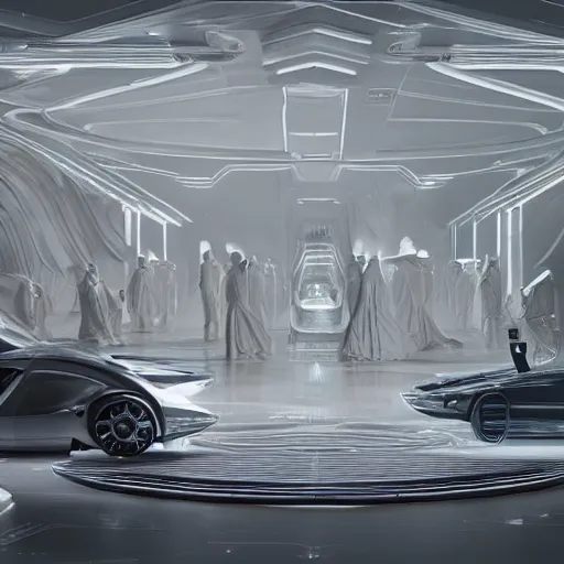 Image similar to full lenght sci-fi cars in the coronation of napoleon painting by Jacques-Louis David in the blade runner 2049 film and point cloud in the middle and everything in form of zaha hadid architects artwork by caravaggio unreal engine 5 keyshot octane lighting ultra high detail ultra hyper realism 8k 16k in plastic dark tilt shift full-length view
