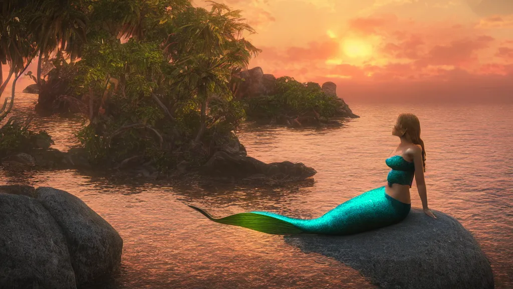 Image similar to a beautiful photograph of a mermaid sits on a rock and stares at the island, sunset lighting, rim light, hyper realistic, 1 0 5 mm, cinematic frame