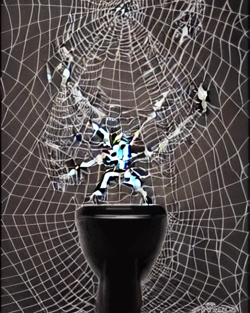 Image similar to A toilet in the shape of a spider, highly detailed, intricate spider web patterns, sharp focus, art by Artgerm and Greg Rutkowski and WLOP