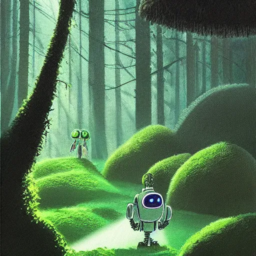 Prompt: a robot covered in moss and mushrooms lying in a forest, shafts of light god rays, painting by hayao miyazaki studio ghibli