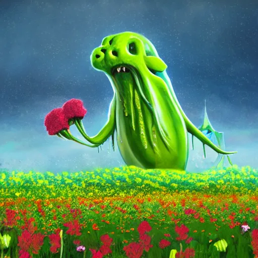 Prompt: A gelatinous monster roaming threw a flower field, landscape