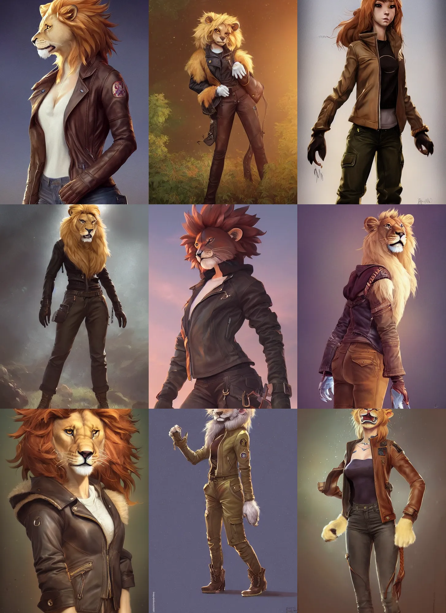 Prompt: beautiful portrait of a female anthropomorphic lion fursona wearing a open leather jacket. leather gloves. leather boots. cargo pants. character design by charlie bowater, ross tran, artgerm, and makoto shinkai, detailed, soft lighting, rendered in octane