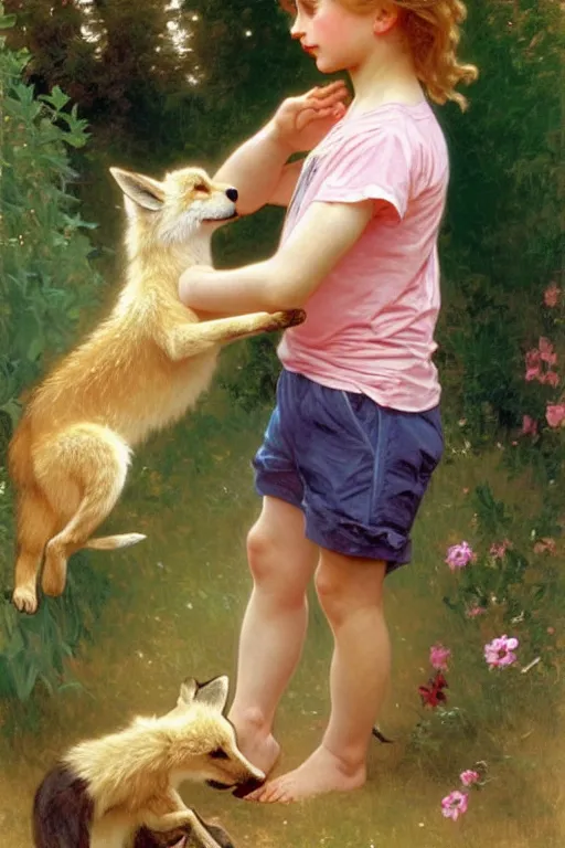 Image similar to a seven - year old with long curly dirty blonde hair, blue eyes, tan skin a pink tee shirt and shorts, playing with foxes, painting by daniel gerhartz, alphonse mucha, bouguereau, detailed art, artstation