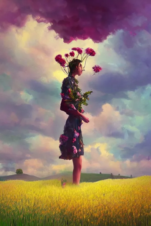 Prompt: closeup, huge flowers as head mohawk, woman in heather field, surreal photography, starlight, storm clouds, impressionist painting, digital painting, artstation, simon stalenhag