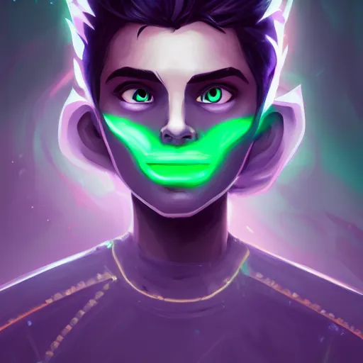 Image similar to a digital matte intricate face illustration concept art, young danny phantom with glowing green eyes cute alt art fashion inspired by charlie bowater and wlop and mark arian and ross tran + neon colors, symmetry, intricate complexity, epic composition, magical atmosphere, highly detailed, cinematic lighting + masterpiece, trending on artstation + 8 k