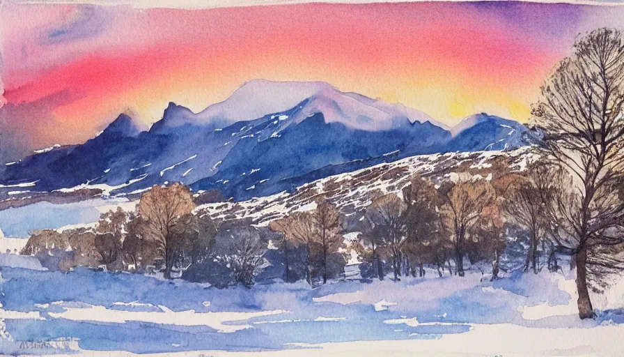 Image similar to norway, sunrise, countryside, mountains, winter, snow, trees, mountains, medium: watercolor and ink