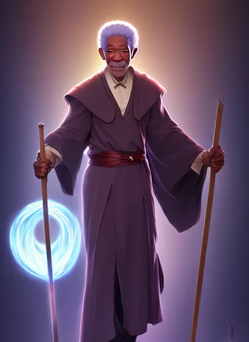 Prompt: elegant fantasy wizard based on morgan freeman holding a broom natural lighting, path traced, highly detailed, high quality, digital painting, by don bluth and ross tran and studio ghibli and alphonse mucha, artgerm