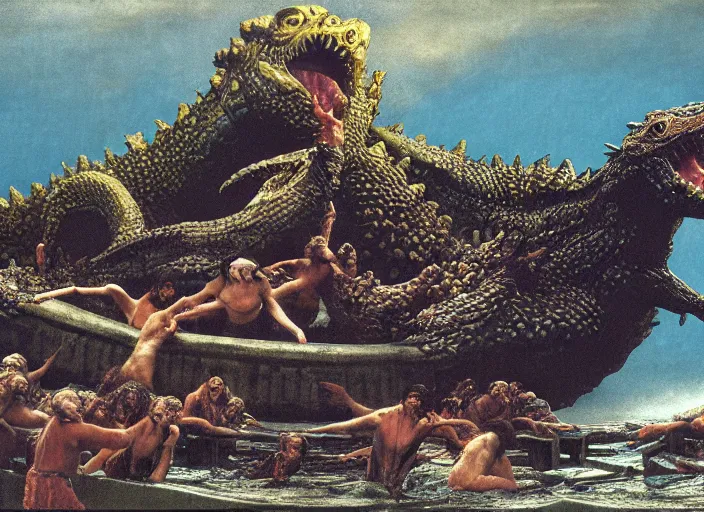 Prompt: photo of wet slimy godzilla attacking the raft of the medusa, by lawrance alma - tadema by roger corman by richard corben by rick baker, fujifilm velvia 5 0. masterpiece, intricate, hyper realism, high detail, octane render, unreal engine, 8 k