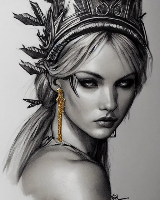 Image similar to tattoo sketch of blonde super model aphrodite greek goddess wearing a gold laurel wreath and triangle earrings, beautiful piercing gaze with sharp pupils, in the style of greg rutkowski, fantasy, amazing detail, epic, elegant, smooth, sharp focus, front view