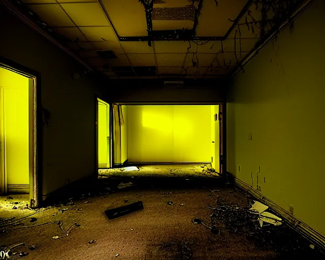 Image similar to the backrooms, the eerie forlorn atmosphere of a place that's usually bustling with people but is now abandoned and quiet, walls with tone of yellow, buzzing fluorescent lights above the ceiling, unsettling images, liminal space, dark