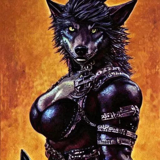 Image similar to detailed portrait of an anthro female black wolf as zarya from overwatch as a powerful medieval warrior wearing iron chainmail, intricate, hyper detailed, realistic, oil painting, by john atkinson grimshaw, milo manara, cinematic ligh