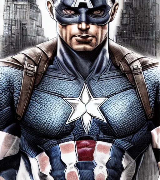 Prompt: detailed portrait captain america by yusuke murata and masakazu katsura and zack snyder, artstation, highly - detailed, detailed!, cgsociety, pencil and ink, city in the background, symmetric body, dark colors