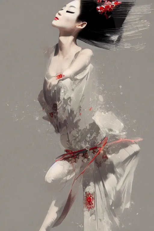 Prompt: magnificent full body geisha prima ballerina dancing in the wind, intricate, elegant, volumetric lighting, digital painting, highly detailed, artstation, sharp focus, illustration, concept art, ruan jia, steve mccurry