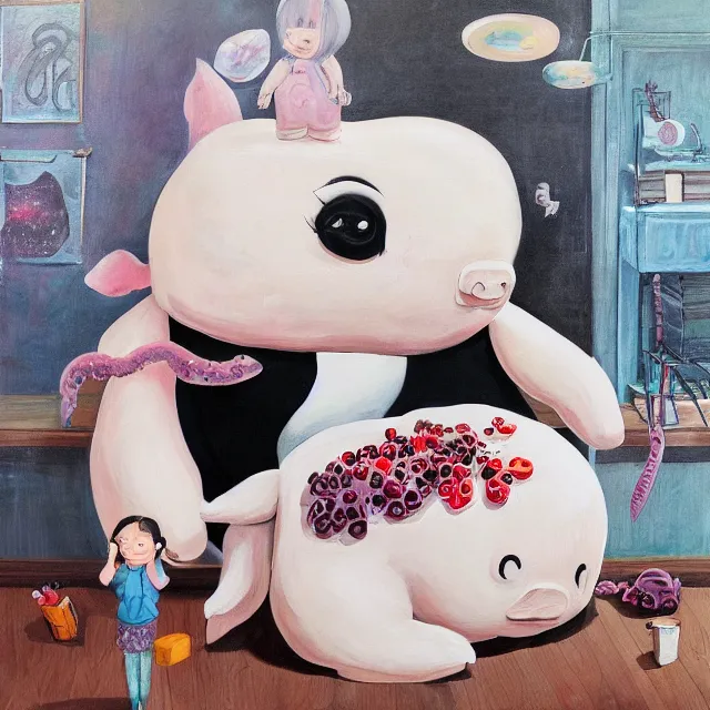 Image similar to giant zen pig, a portrait in a female artist's bedroom, black walls, emo girl with plushies, sheet music, berries, surgical supplies, pancakes, black flowers, sensual, octopus, neo - expressionism, surrealism, acrylic and spray paint and oilstick on canvas