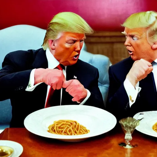 Prompt: donald trump and vladimir putin eating spaghetti like lady and the tramp