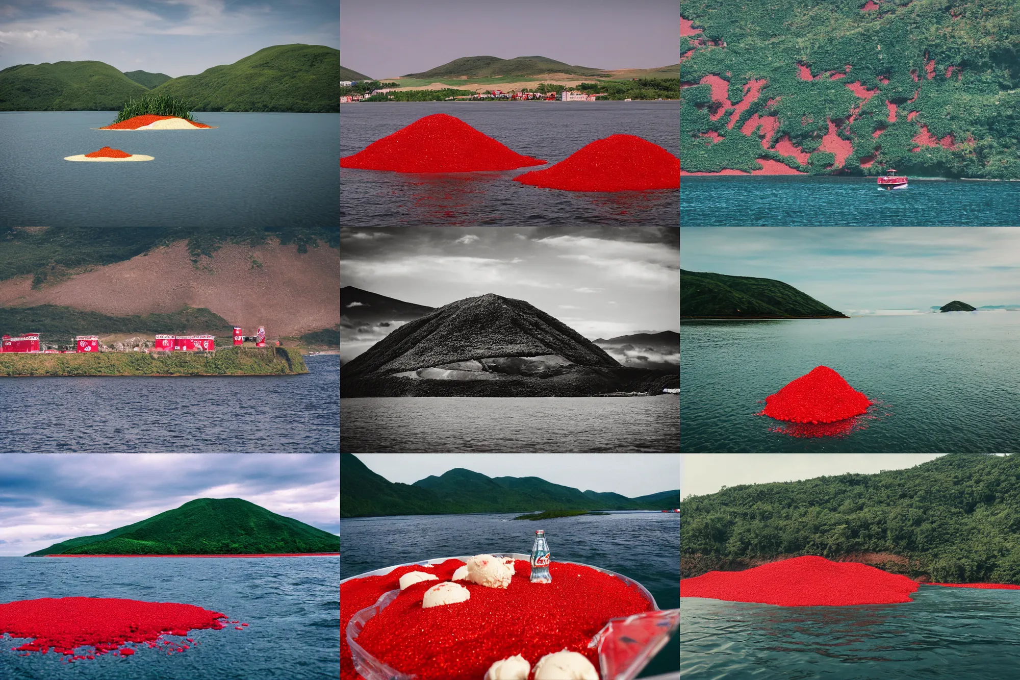 Image similar to an island made of food, water from coca - cola around the island, red caviar instead of sand, hills with ice cream instead of mountains, photo taken from a boat, 3 5 mm, cinematic