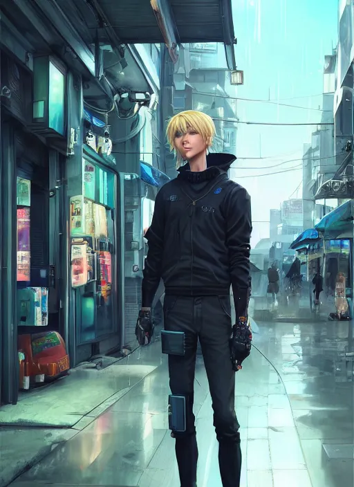 Prompt: cyberpunk beautiful blonde teenage boy assassin standing in front of a convenience store, futuristic beautiful, detailed portrait, cell shaded, 4 k, concept art, by wlop, ilya kuvshinov, artgerm, krenz cushart, greg rutkowski, pixiv. cinematic dramatic atmosphere, sharp focus, volumetric lighting, cinematic lighting, studio quality